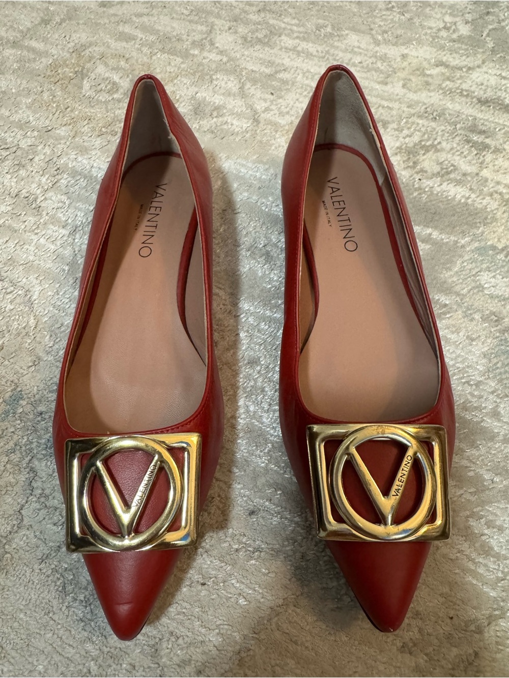 Valentino Red Leather Flora Logo Buckle Pointed Toe Flat Shoes Size 10
